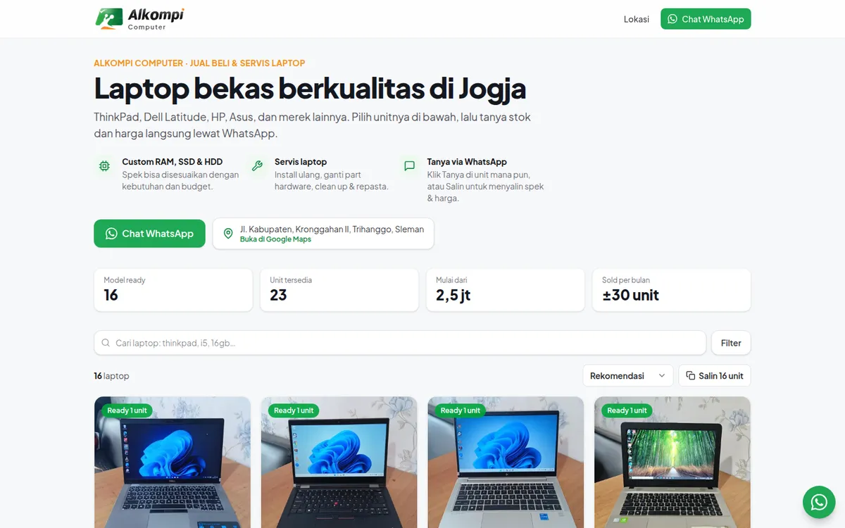 Alkompi Computer homepage: headline 'Laptop bekas berkualitas di Jogja', WhatsApp button, store stats and laptop listings